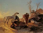 Theodor Horschelt Rastendes Beduinenpaar mit Araberpferden oil